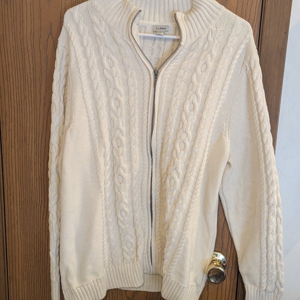 L.L. Bean Cable Knit Cream Zip Cardigan Sweater-2X